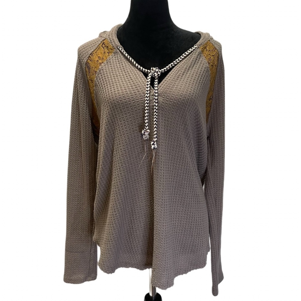 Hem & Thread Women's Boho Knit Lace Inset Pullover Hoodie Sweater Large